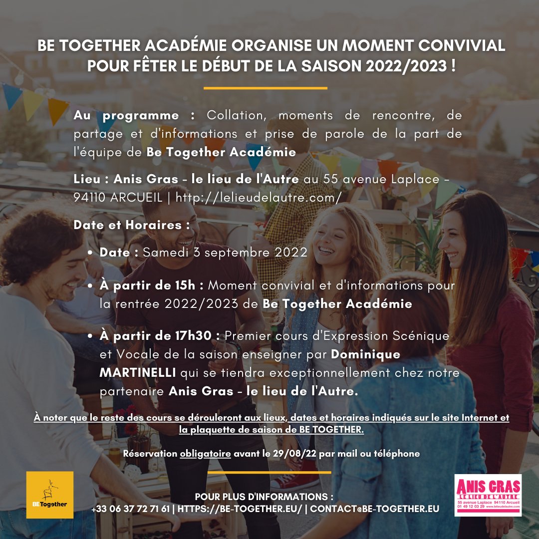 ac_betogether's tweet photo. 📣 #PORTESOUVERTES : L'équipe de Be Together a le plaisir de vous inviter le 3/09 à un moment #convivial pour #fêter le début de la saison 2022/2023 !🥳✨

L'occasion de partager un moment #ensemble et vous présenter les #nouveautés. 😆👐

⚠️Réservation obligatoire avant le 29/08 https://t.co/W5xNOH4vYT