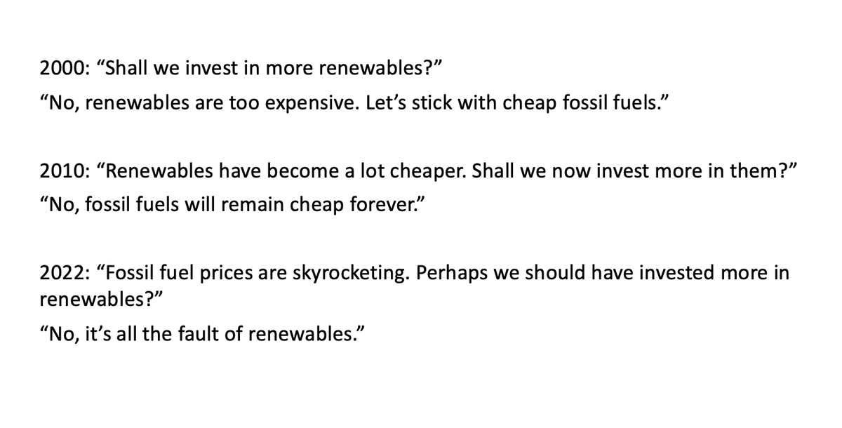 A short history of the discussion between champions of renewables and fossil fuel enthusiasts.