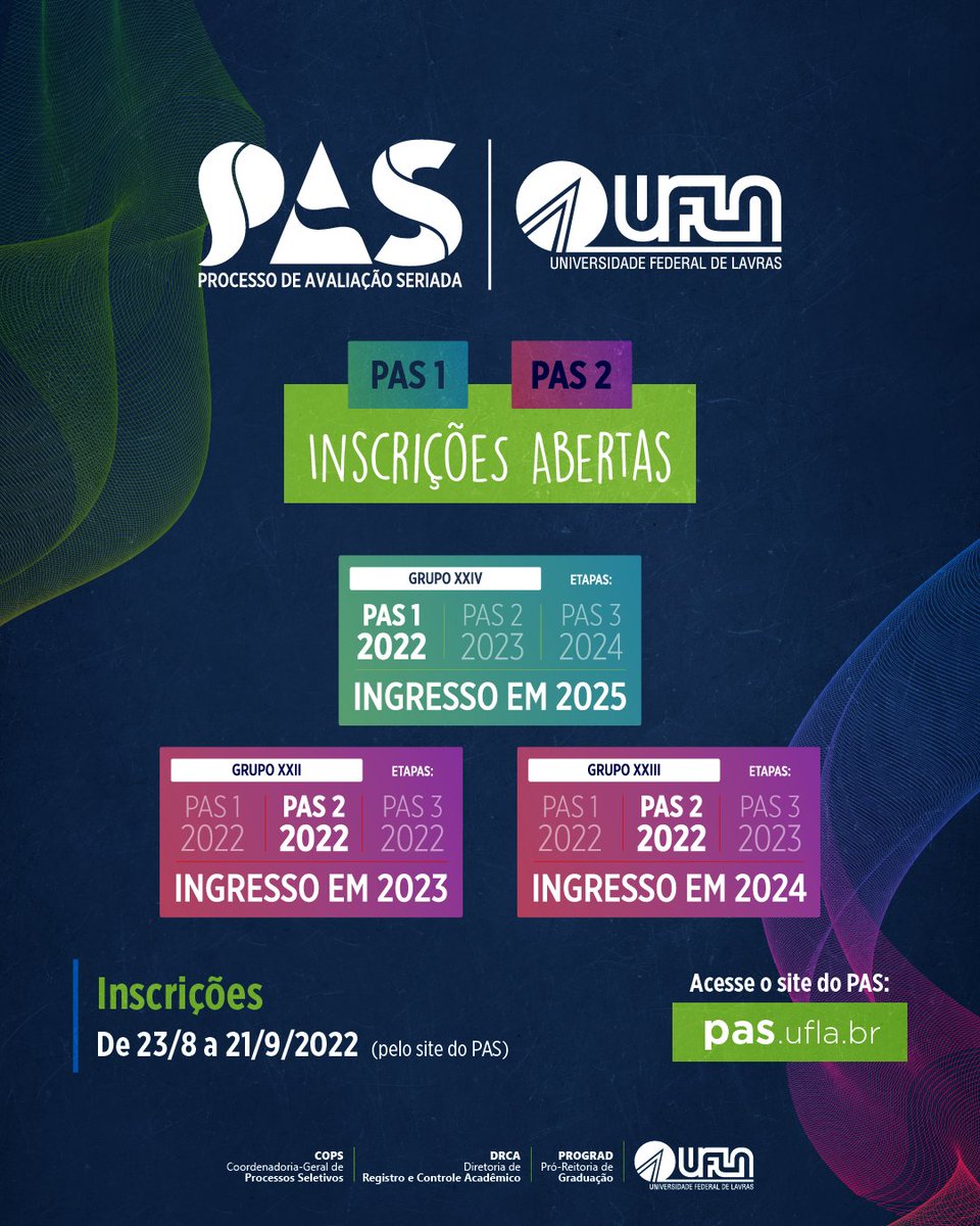 uflabr's tweet photo. Você mais perto de ser o(a) novo(a) uflaniano(a) do pedaço! 👨‍🎓👩🏿‍🎓

Tem início o período de inscrição para as provas do Processo de Avaliação Seriada (PAS 1 e PAS 2) da UFLA.

Saiba mais https://t.co/XnXnq2hoOG

#VempraUFLA https://t.co/Pt72kZGeb0