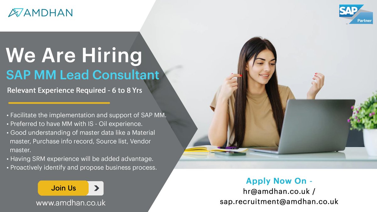 AmdhanLTDUK's tweet photo. #AmDhan is inviting applications for the SAP MM Lead Consultant vacancy.
Apply Now On - hr@amdhan.co.uk / sap.recruitment@amdhan.co.uk
#hiringpost #vacancy #hiring #sapjobs #saphiring #sapmmconsultant #sapmm #sapconsultant #materialmanagement #recruitment #job #recruitment2022 https://t.co/l1eIIer64y