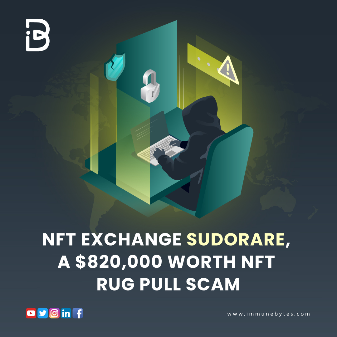 ImmuneBytes's tweet photo. Another #NFTscam is added to the list of crypto-heists.
@SudoRare, another popular #nftexchnage platform, featuring a #rugpull attack draining the users of about $820,000 worth of various #crypto tokens.
Know about the scam and #nftrugpulls below. https://t.co/W7Bet6lYI1