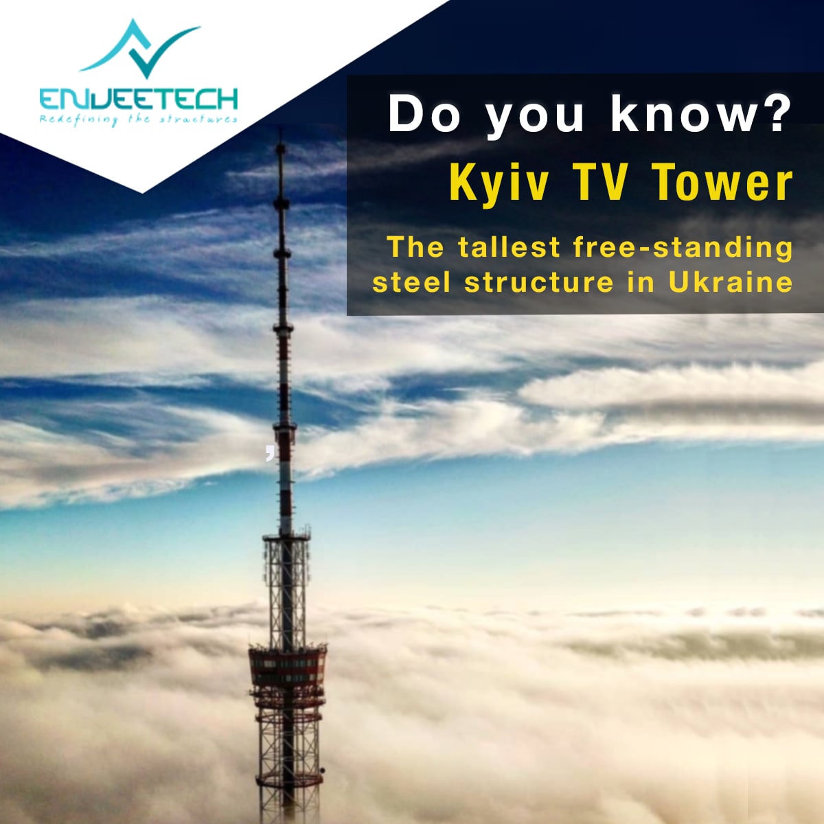 Enveetechinfo's tweet photo. The Kyiv TV Tower  is a 385 m-high (1,263 ft) lattice metal tower on Oranzhereina Street, Kyiv, Ukraine, and is the tallest structure in the country. The tower was built in 1973 while Kyiv was the capital of Ukraine SSR.
#enveetech #steel #tvtower https://t.co/uJwilgvCc3