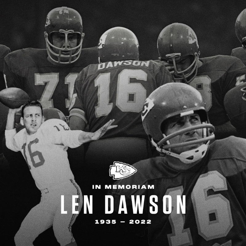 Chiefs's tweet photo. Statement from Chairman &amp; CEO Clark Hunt on the passing of Hall of Fame Quarterback Len Dawson.