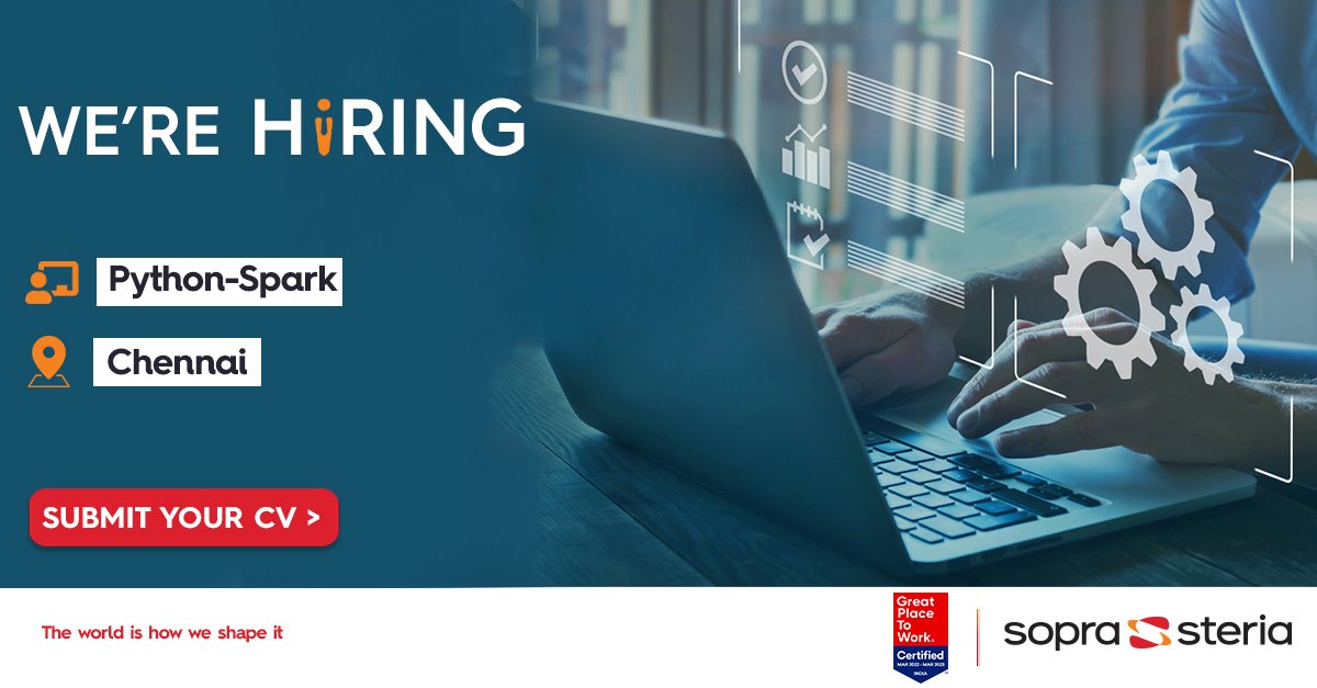 SopraSteria_IN's tweet photo. We are looking for a #PythonSpark to join our team!
The right candidate must have hands-on experience in #SQL #ETL &amp; #BigDataProcessing to go along with a thorough understanding of #dataintegration.

Apply: https://t.co/Uj2keK5qfi

#SopraSteriaIndia #TheWorldIsHowWeShapeIt #Jobs https://t.co/Zv2eKjr4f5