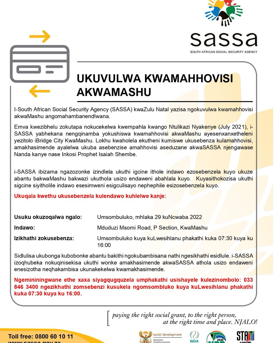 OfficialSASSA's tweet photo. SASSA is excited to reveal that as from Monday 29 August 2022, KwaMashu (KZN) Local Office will be rendering services from new premises as below @The_DSD
@nda_rsa #SASSACARES https://t.co/3nJ8XumnVS