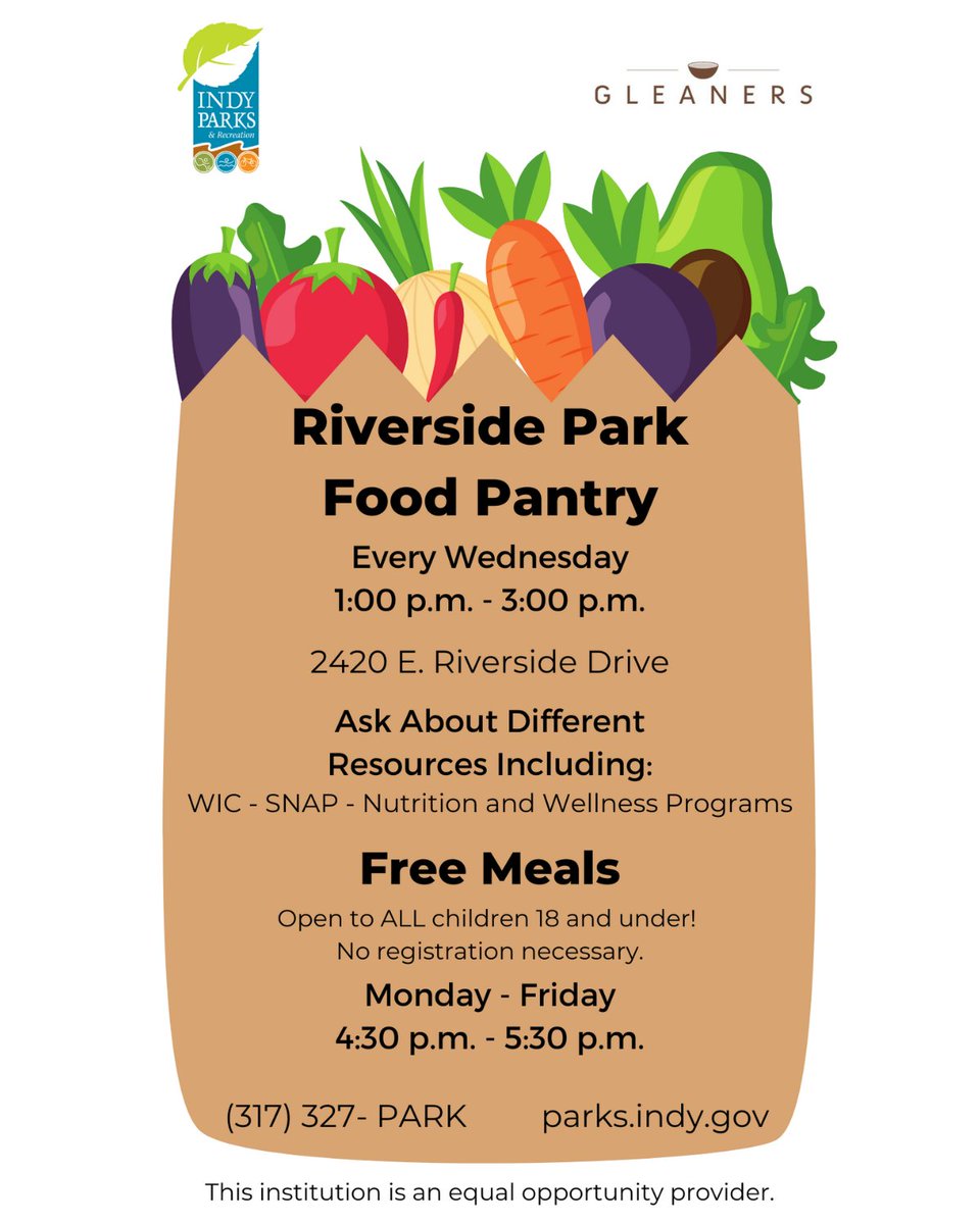 IndyParksandRec's tweet photo. TODAY: Riverside Food Pantry! The food pantry runs each Wednesday from 1:00 - 3:00 PM. Anyone is welcome to come along to pick up fresh food. Riverside Park is located at 2420 E. Riverside Dr. To learn more about our free meal programs, click here: https://t.co/DiEzqY7XUR 🍅🥕🌿 https://t.co/3tC86qxmqT
