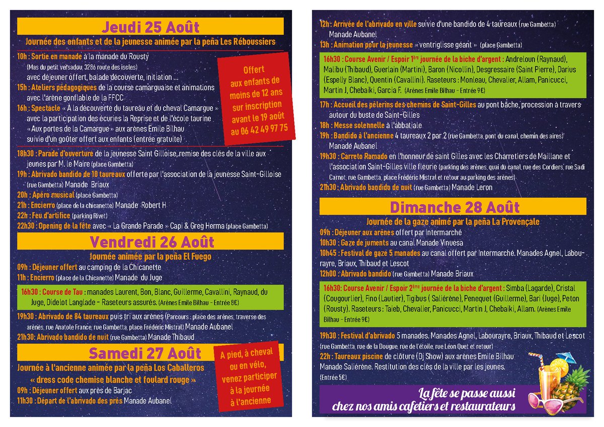 [FETE DE LA SAINT GILLES - PROGRAMME] Retrouvez tout le programme de la fête de la saint Gilles, du 25 au 28 août ici bit.ly/3cfuBJ1
Attention, malgré ce qui a été annoncé : il n'y aura pas de feu d'artifice ce jeudi. Bonne fête à tous !