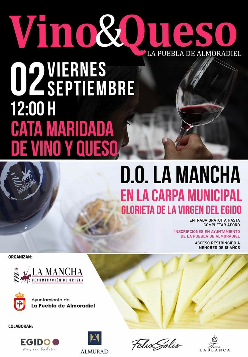 AytoAlmoradiel's tweet photo. 🤩 UNO DE LOS PLATOS ESTRELLA DE NUESTRA FERIA

🍷🧀 CATA DE VINO Y QUESO

🍇 DO La Mancha 

📅 Viernes 2 de septiembre 
⌚ 12:00 horas
🏛 CC La Villa

📝 Inscripciones en las Oficinas Municipales 

⚠️ Acceso restringido menores de 18 años https://t.co/1GIfsuR2Tc