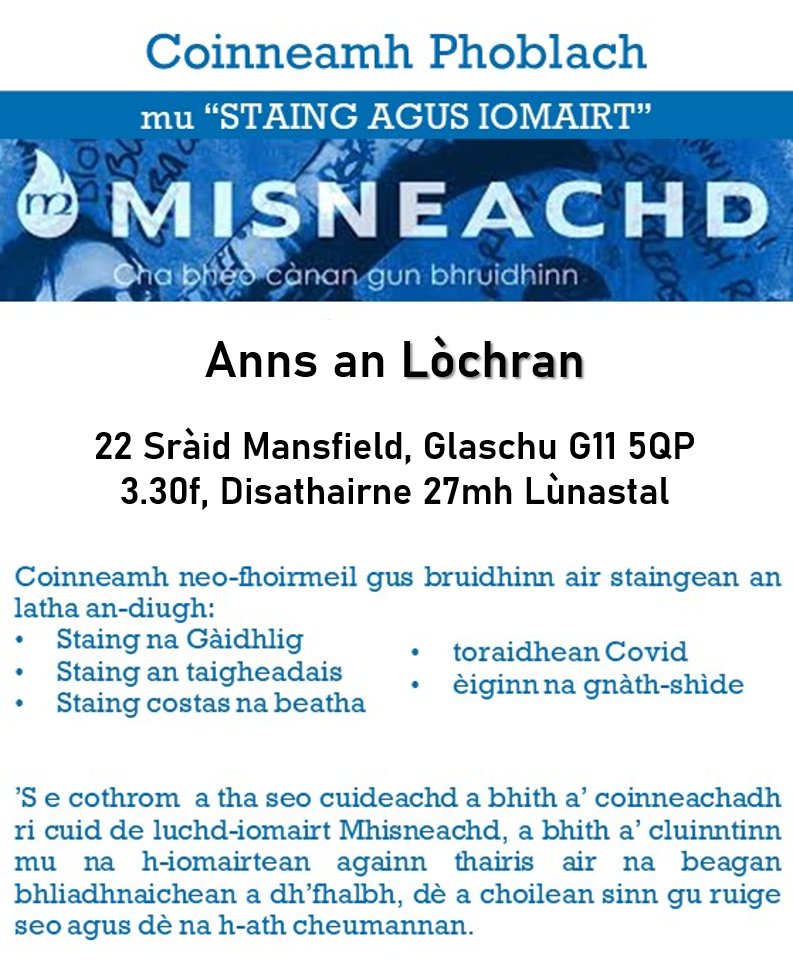 Còmhradh mì-fhoirmeil againn Disathairne seo tighinn (27mh Lùnastal) anns an <a href="/AnLochran/">An Lòchran</a> aig 3.30f.

Thig a chabadaich còmhla ruinn. Bho staing na #Gàidhlig gu cosgaisean bith-beò tha an t-uabhas againn ri bruidhinn mu dheidhinn!