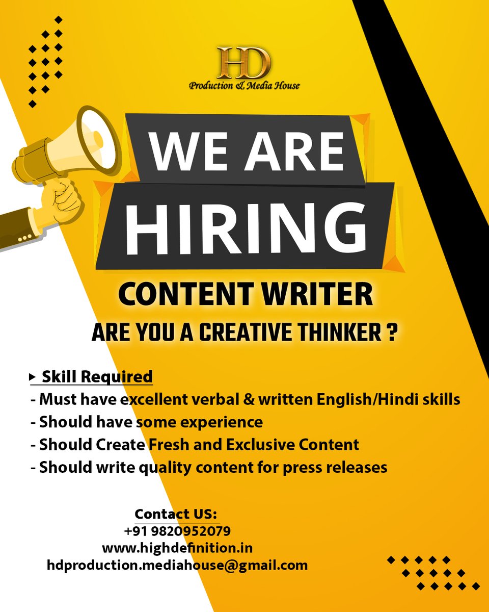 rHighDefinition's tweet photo. Hello, we are hiring content writers who should be a creative writer and can write for our multiple brands. 

Contact us now or send your updated resume on content.
hdproduction.mediahouse@gmail.com

#highdefinition #HDProductionAndMediaHouse #hiring #jobs #jobsearch https://t.co/3TW92f7DeI