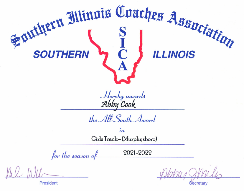 Congrats to Abby Cook on being selected for SICA All-South in Girls Track last spring! Please stop by the athletic office to pick up your certificate that we received today! <a href="/mhsgt/">Murphysboro Girls Track and Field</a>