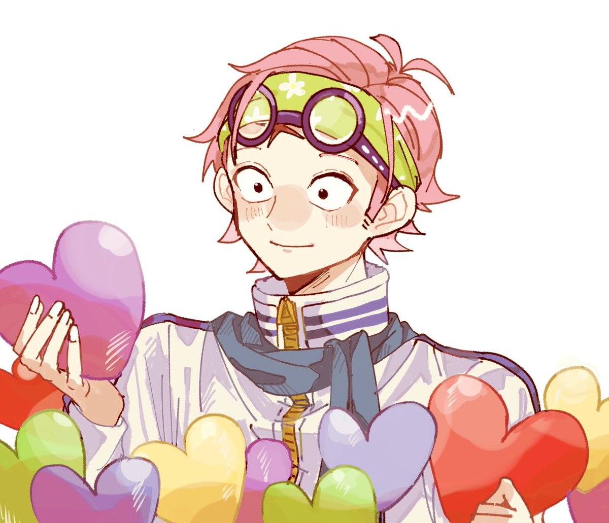 1boy male focus pink hair solo goggles on head goggles smile  illustration images