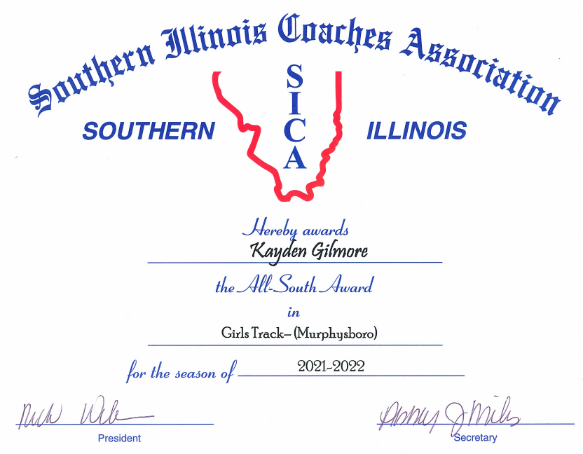 Congrats to Kayden Gilmore on being selected for SICA All-South in Girls Track last spring! Please stop by the athletic office to pick up your certificate that we received today! <a href="/mhsgt/">Murphysboro Girls Track and Field</a>