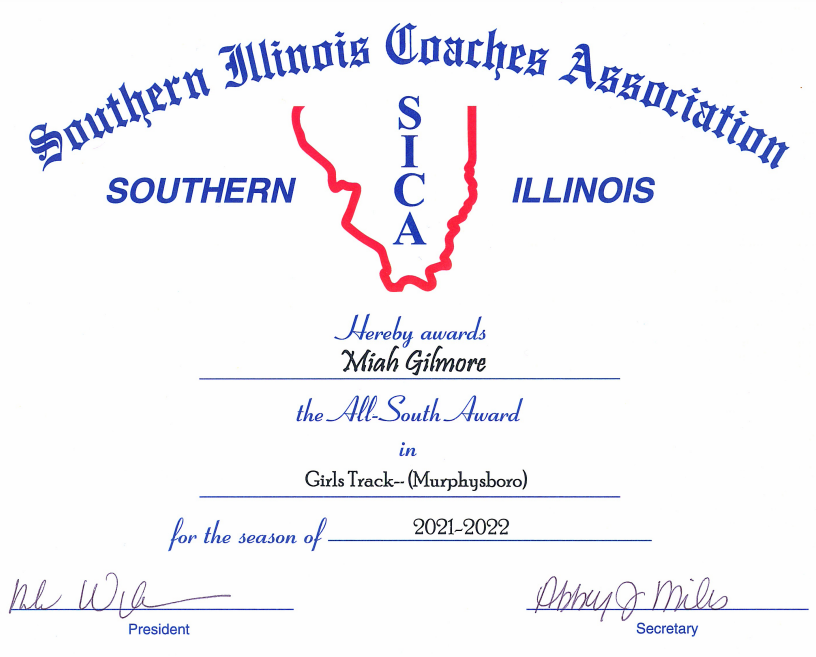 Congrats to Miah Gilmore on being selected for SICA All-South in Girls Track last spring! Please stop by the athletic office to pick up your certificate that we received today! <a href="/mhsgt/">Murphysboro Girls Track and Field</a>