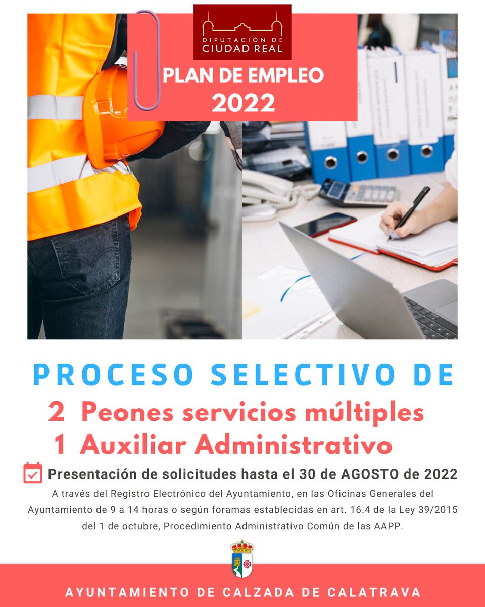 aytocalzada's tweet photo. 🏢 Plan de Empleo Diputación de CR 2022.
Este Ayto convoca proceso selecivo cuyas bases pueden consultarse👉 https://t.co/es5xsFn4kJ
❗📅 Plazo hasta  el martes 30 de agosto de 2022
#DipuCR #Contratacion #SelecciondeTrabajadores #EmpleoPúblico #CalzadadeCalatrava #ViveCalzada https://t.co/mx8pp7LEnN