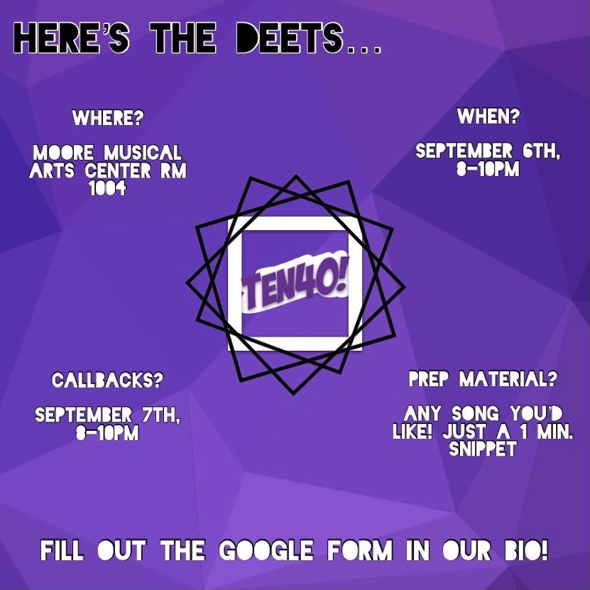 MAY I HAVE YOUR ATTENTION PLEASE… 🥁🥁🥁

It’s that time again for auditions! If you want to be a part of Bowling Green State University’s premier tenor/bass acappella group, here’s your shot! Check out the info!