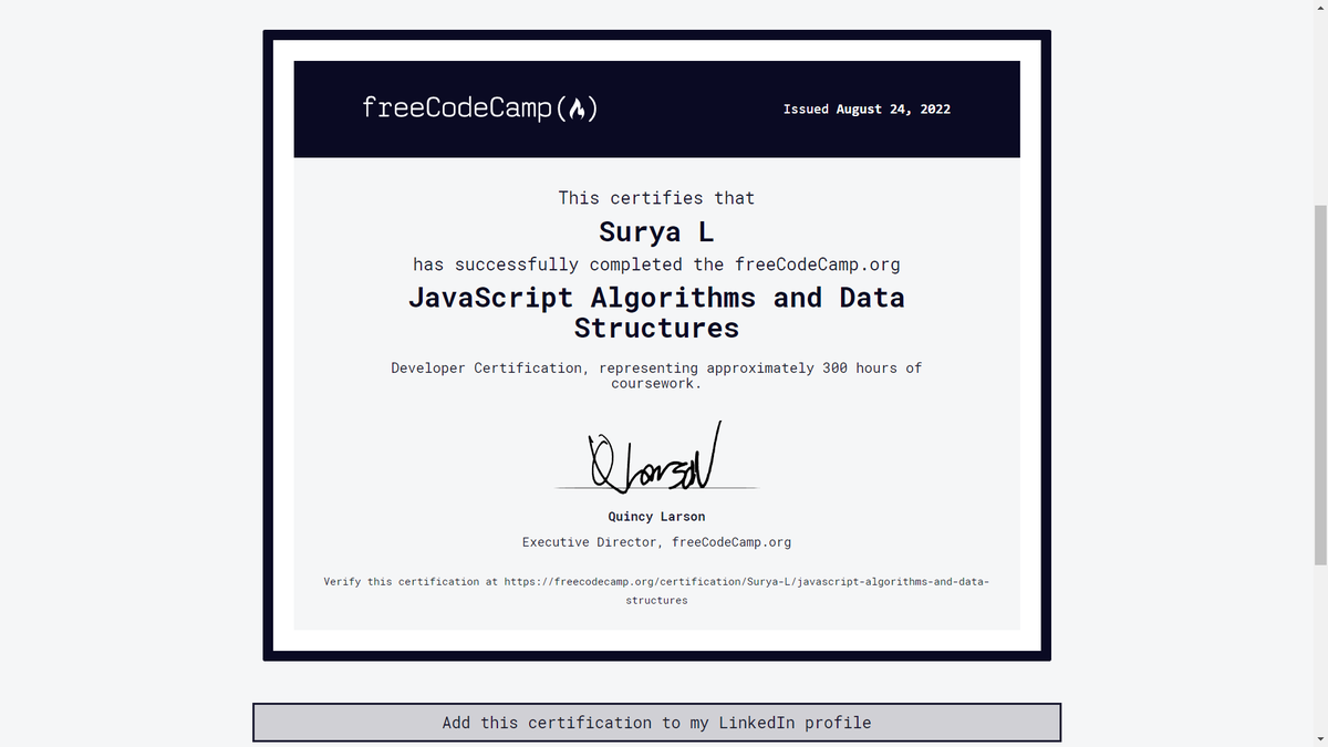 SURYA_L1998's tweet photo. Finally completed FreeCodeCamp JS DSA course
#JS #javascript #100DaysOfCode #DEVCommunity #365daysofcode https://t.co/YibnVHxwRy