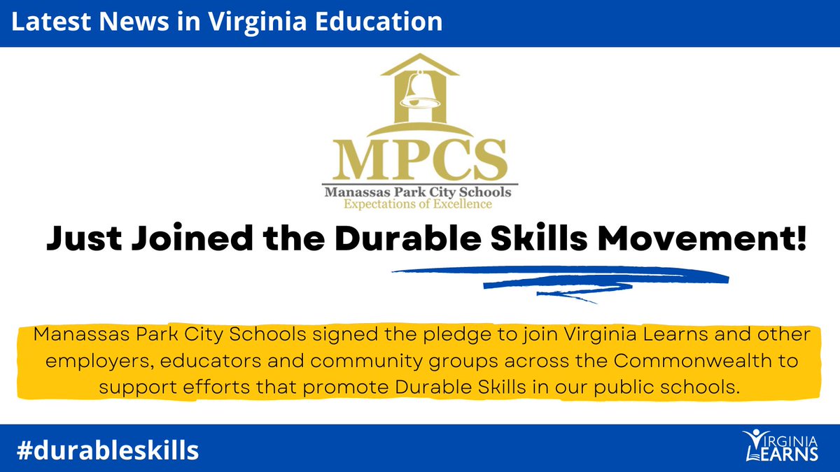 More and more businesses, schools & community groups are realizing the importance of supporting #durableskills in public education. Thank you Manassas Park City Schools for joining us in the Durable Skills movement! To learn more or to join please visit virginialearns.org/durable_skills