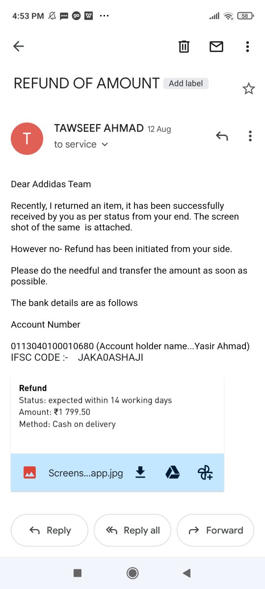 nbfahim's tweet photo. @adidas kindly refund the amount.Sometimes you are saying through mail that refund will be sent to your account.Sometimes you are saying to fill refund form.somtimes share bank details.Which have been already shared through mail  #addidas 
@AdidasIndia @AdidasIndia_ https://t.co/JCeuUYsgQT