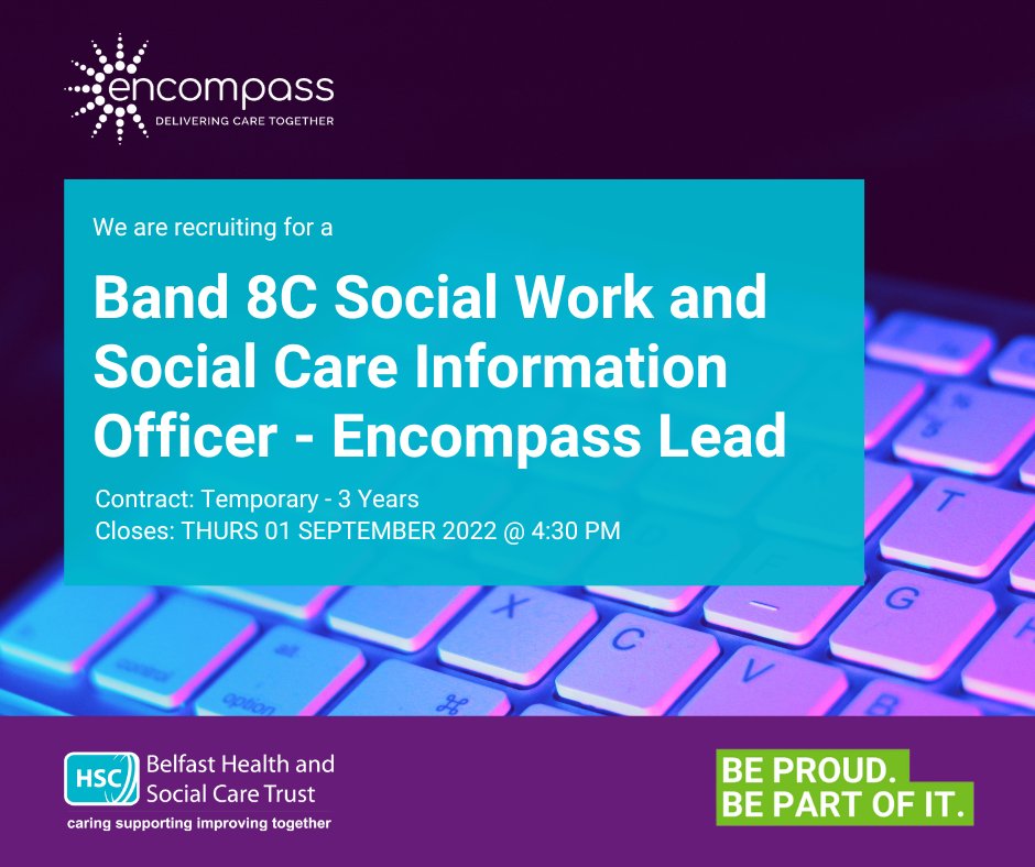 BHSCTjobs's tweet photo. 📢 We're hiring for an exciting new job opportunity with encompass!📢

Want to be a part of it? We're recruiting for a Band 8C Social Work and Social Care Information Officer (encompass Lead).

📌Submit your application online via https://t.co/RPJ7LV6JyK https://t.co/bclfJzq1kX