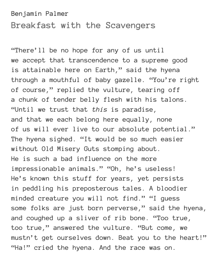 One of my first poems to be published… back in the Winter 2017 edition of the awesome and unique <a href="/ForkliftOhio/">Forklift Ohio</a>.