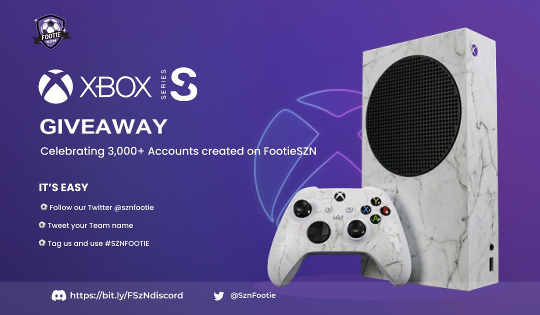SznFootie's tweet photo. ⚽️🔻Attention #Footie gamers 🔻⚽️

To celebrate 3,000 Unique teams.
We are giving away one brand new Xbox series S to a lucky member of our community 

To enter simply: 
⚽️ Follow our Twitter @sznfootie
⚽️ Tweet your Team name 
⚽️ Tag us and use #SZNFOOTIE https://t.co/wx4g8Vbfew