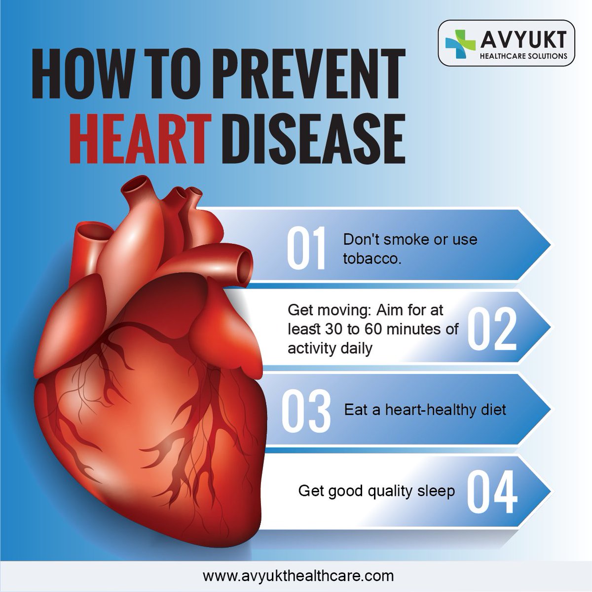 Avyukt_health's tweet photo. 4 Tips to Prevent Heart Disease

#avyukthealthcare #heartdisease #heartattack #corporatewellness #EmployeeActivity #employeeengagement #corporatewellnessprogram #heartbroken #stopsmoking #heartdiet #qualitysleep #employeewellbeing https://t.co/RAUpOdofGb