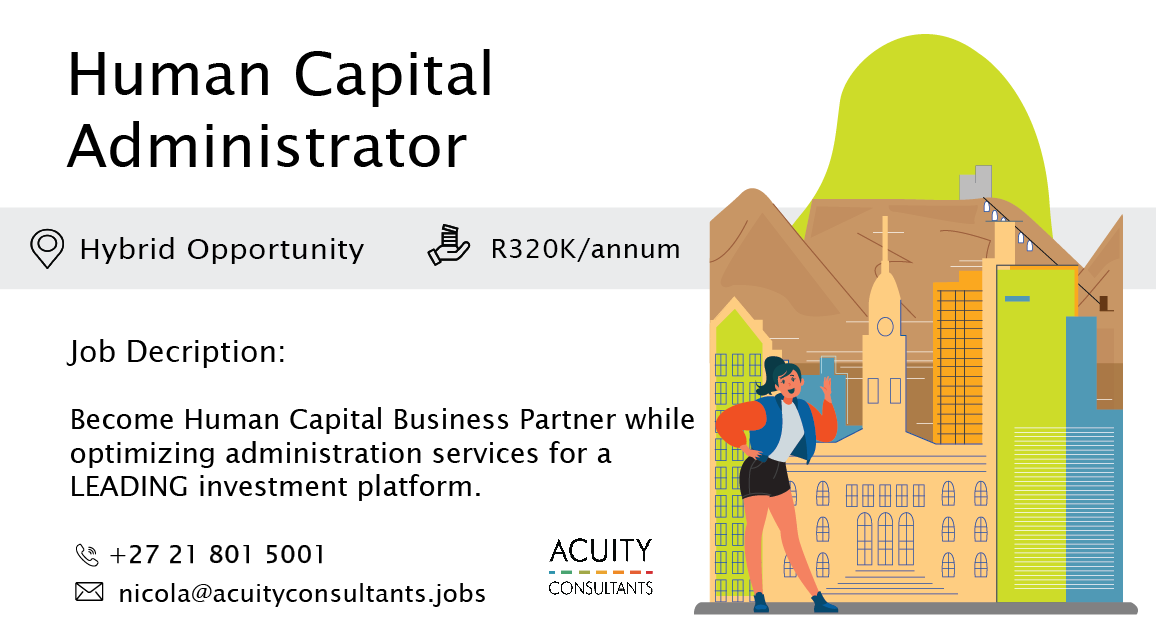 consultacuity's tweet photo. 🎯 New #JOB | Human Capital Administrator | 📍 Hybrid Opportunity - based in Cape Town OR Johannesburg |  💰 R320K/annum

MORE DETAILS HERE: 👉 https://t.co/Wq1YkGpMcL 👈

#recruitment #acuityconsultants #jobalert https://t.co/ZhTlfyPvoh