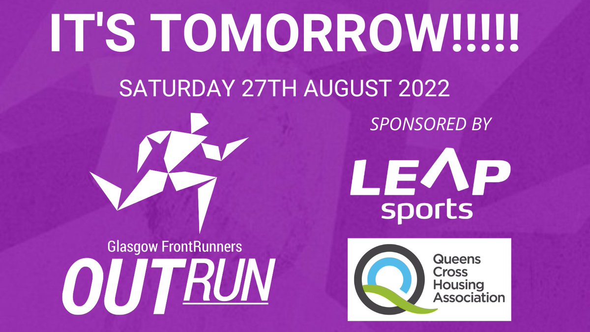 glasgowfrontrun's tweet photo. OUTRun IS TOMORROW!!!!!

SATURDAY 27TH AUGUST 2022
 
Entries are still available for OUTRun, our 5 mile timed race at Kelvingrove Park.

Sign up now: https://t.co/oOktswjWoL https://t.co/g1I7YbVJ3O