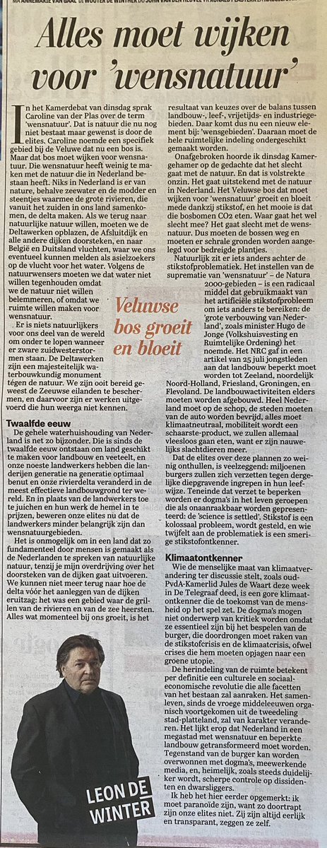 Milton_Styx's tweet photo. Voor mijn volgers, die deze column nog niet konden lezen.
Leon de Winter: "Wensnatuur"
"Het lijkt erop dat Nederland in een megastad met wensnatuur en beperkte landbouw getransformeerd moet worden."
#TriStateCity
#WEF
#asielcrisis
#integerbestuur
#nieuweverkiezingen
#Rutte4Exit https://t.co/QwcPZa2tXO