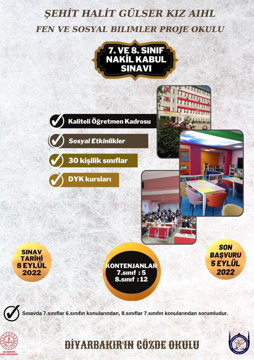 HalitGulser21's tweet photo. Okulumuz 7.sınıf ve 8.sınıflarına nakil kabul sınavı yapılacaktır. Başvurmak isteyen velilerin okulda ön kayıt oluşturmaları gerekmektedir. https://t.co/tZvLzLeSJD