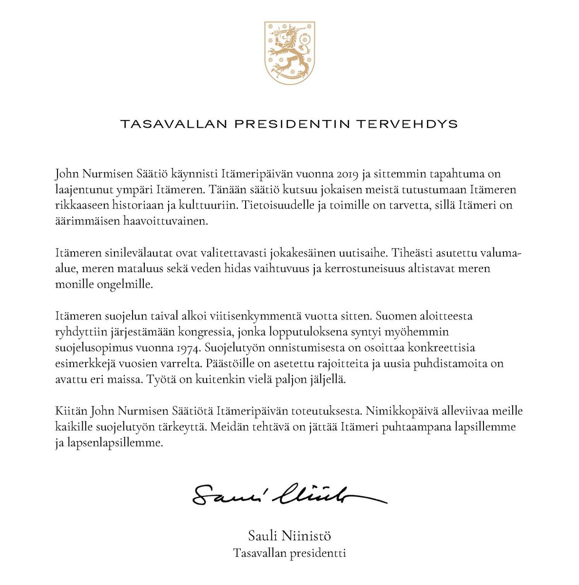 jnurmisensaatio's tweet photo. Hyvää Itämeripäivää!🌊Kiitämme lämpimästi presidentti @niinisto’a #Itämeripäivä'n tervehdyssanoista, jotka johdattelevat meidät meren juhlapäivän viettoon – tarkastelemaan rakkaan kotimeremme arvoa ja hyvinvointia sekä iloitsemaan sen ainutlaatuisuudesta. https://t.co/3odty7LPEY https://t.co/3FfYPqRfIx