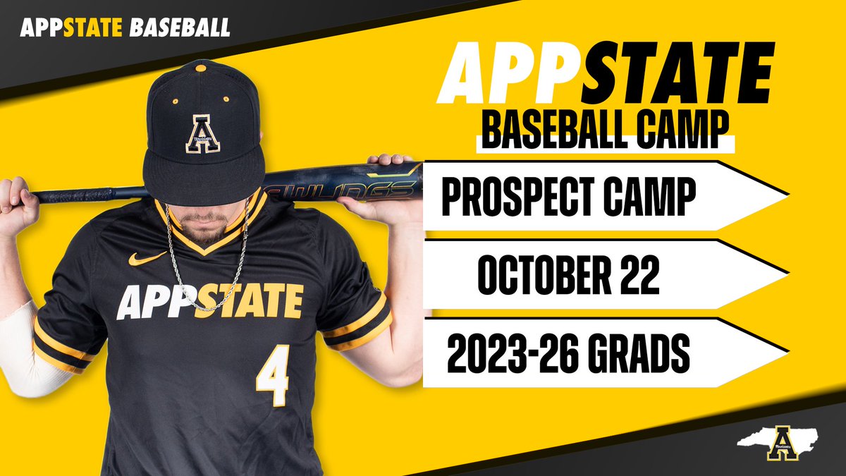 AppBaseballCamp's tweet photo. ⚫️ FALL PROSPECT CAMP

🗓 October 22, 2022
📍 Beaver Field
🔗  https://t.co/evbi1LNtKD

🟡 Email smootrc@appstate.edu with any questions. https://t.co/LNl0DwBcR0