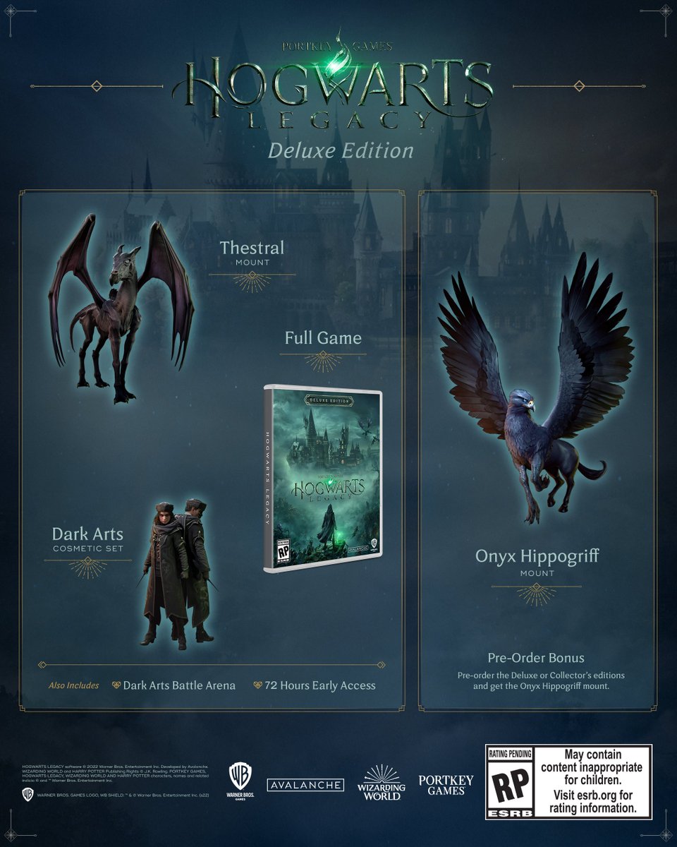 HogwartsLegacy's tweet photo. Bring a darker flair to your journey through the wizarding world. Pre-order the #HogwartsLegacy Deluxe &amp; Digital Deluxe Editions tomorrow at 8 AM PT. https://t.co/tzDUBvFfcl