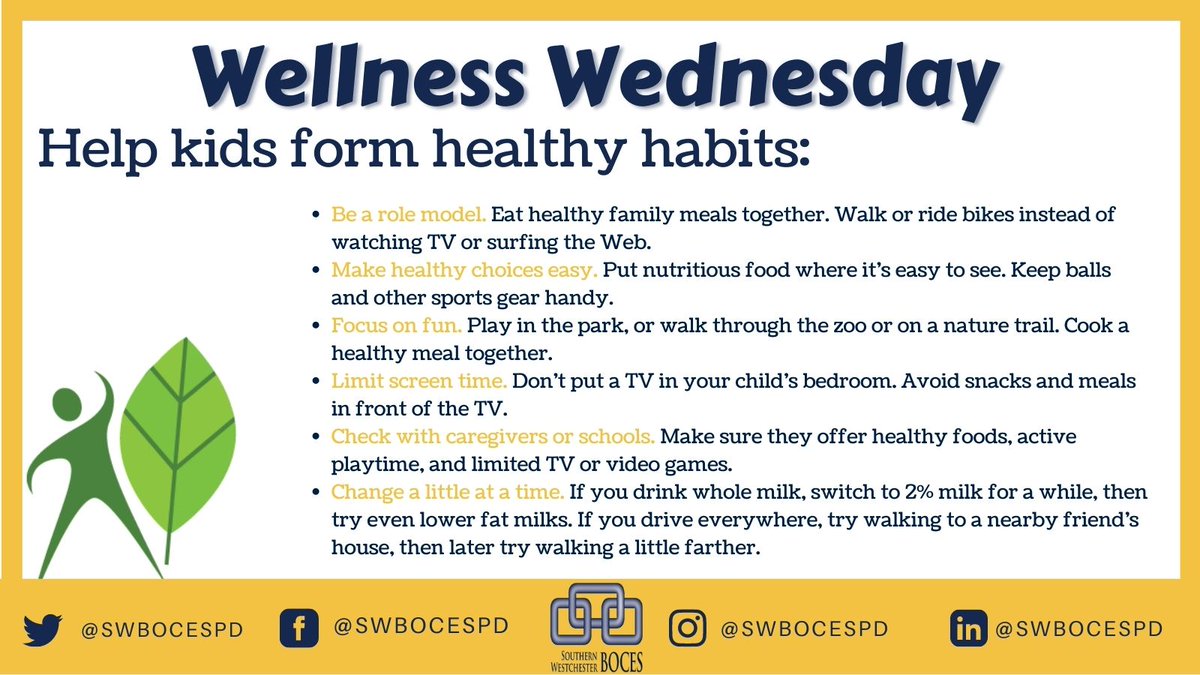 swbocesplcs's tweet photo. Many things can influence a child, including friends, teachers, and the things they see when they sit in front of the TV. Help kids learn to develop healthy eating and physical activity habits. To read more click here: https://t.co/Qx6ReCazbv
#swbocespd #wellnesswednesday https://t.co/GWLdbl2dES