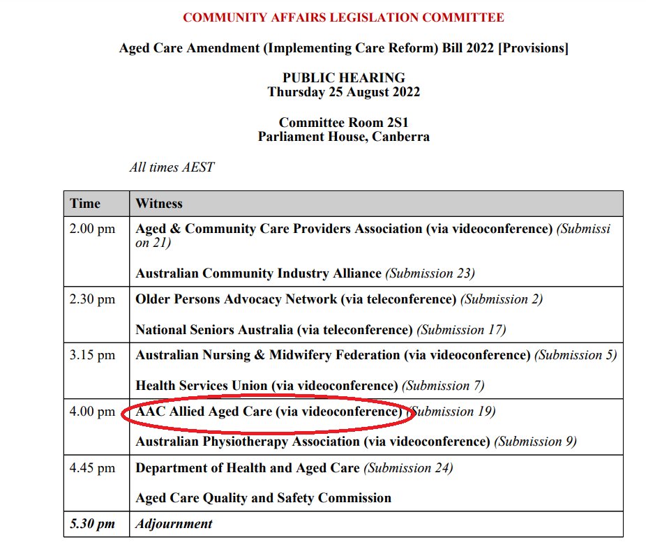 Grateful for chance to be at Senate tomorrow for <a href="/alliedcareAUS/">AAC Health Group</a> along with <a href="/apaphysio/">Australian Physiotherapy Association</a> about the allied health crisis in nursing homes. AAC have a solution you'll hear about. Tune in here aph.gov.au/Watch_Read_Lis…