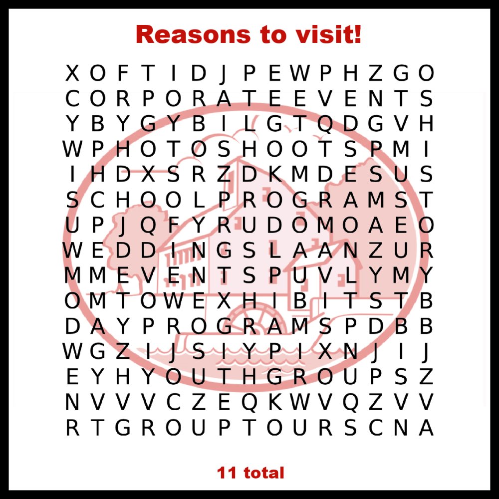 redmillmuseum's tweet photo. In this #wordsearchwednesday there are 11 (of many more!) reasons to visit us at The Red Mill! How many can you find!?
.
.
.
#wordsearchwednesday #redmill #visitus https://t.co/AjWkYkSan5