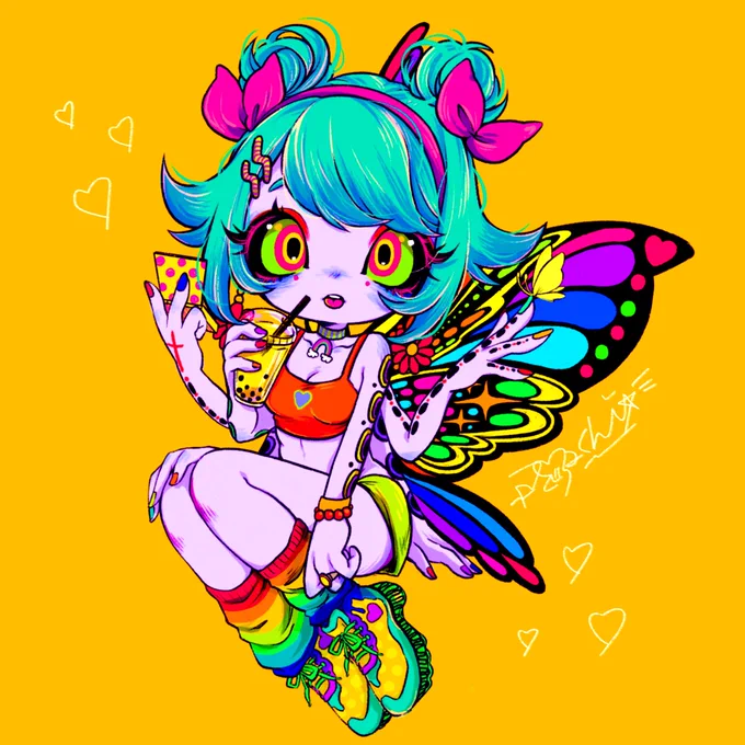 蝶々がーる#삽화 #귀여운 #일러스트레이터 #kawaii #illustration #usachimus#かわいい #イラスト #POP#カラフル #個性  #派手#女の子 