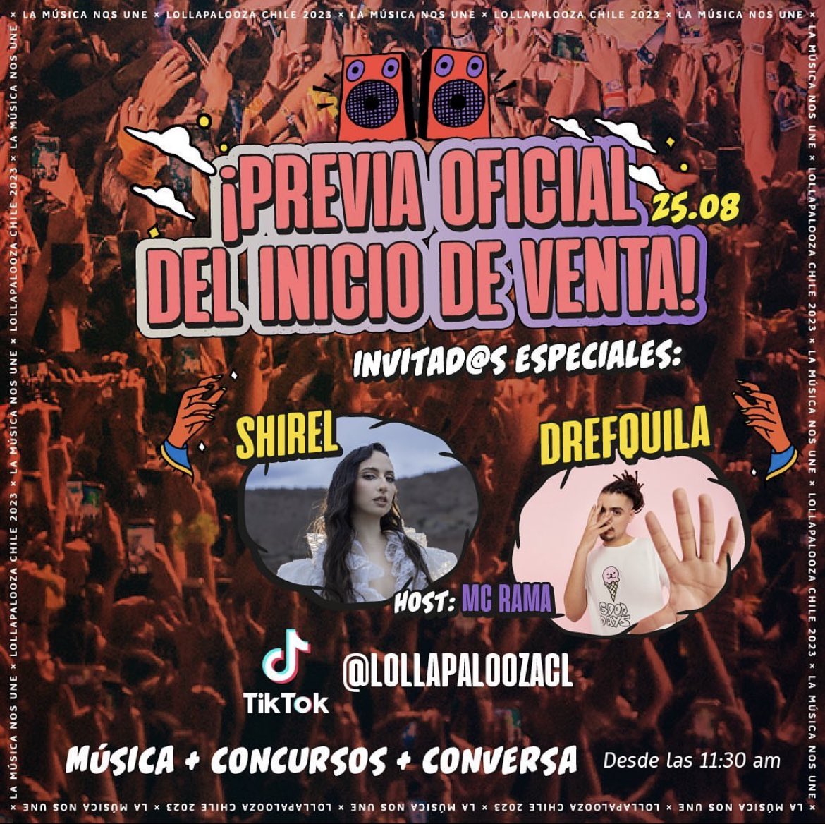 lollapaloozacl's tweet photo. ¿Sabías que mañana hacemos la previa con @urgirlshirel @dref_kun y El Rama en nuestro #TikTok? Síguenos 👉 https://t.co/rziWUzsCtV https://t.co/AW8KEWuT1I