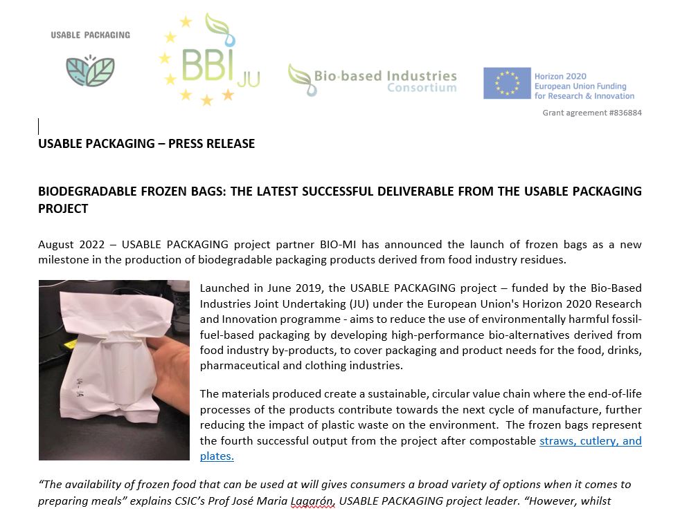 A new milestones for <a href="/Uspackproject/">Usable Packaging</a> with the production of biobased frozen bags.  Read the press release here: bit.ly/3dNMcs1 

<a href="/CBE_JU/">Circular Bio-based Europe Joint Undertaking</a> #H2020

#bioplastics #plasticpollution