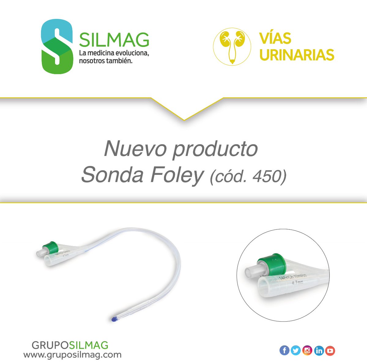 Nuevo producto disponible: Sonda Foley
Producto diseñado para el drenaje, recolección de orina o para irrigación de la vejiga con fines terapéuticos.
Sonda y balón 100% silicona.
Disponible en 2 o 3 vías.
Más información: gruposilmag.com/pro.../via-uri…
#Silmag #MejoraContinua #Foley