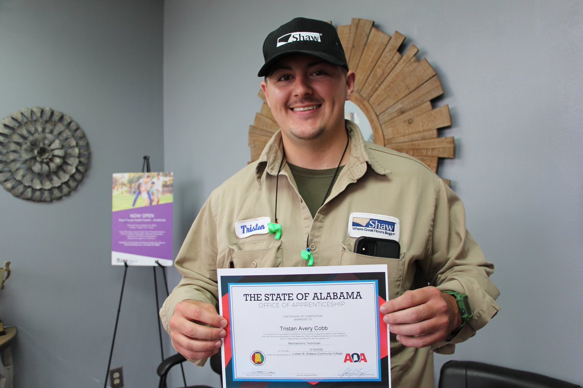 LbwWorkforce1's tweet photo. A huge shout out to Tristan Cobb and Shaw Industries in Andalusia, Alabama!  Tristan is our FIRST Mechatronics Registered Apprenticeship completer! Awesome partnership and model with Shaw Industries @AOA_Works @ACCS_Education @LBWCC #workbasedlearning #skilldevelopment https://t.co/6IfEsVvT2x