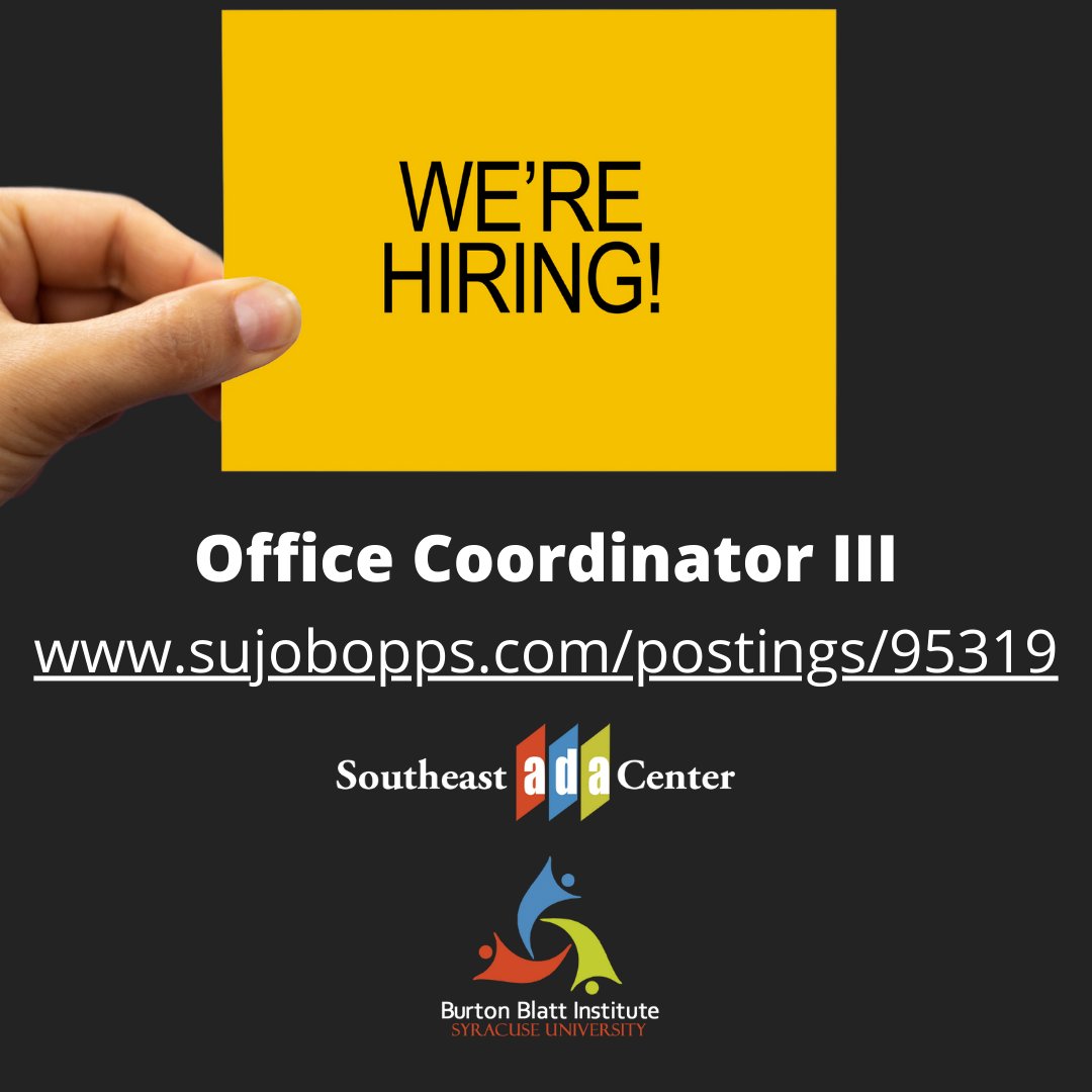 Come join our team at the Southeast ADA - a project of the Burton Blatt Institute at Syracuse University. We are looking for an Office Coordinator to join our team. Learn More at sujobopps.com/postings/95319