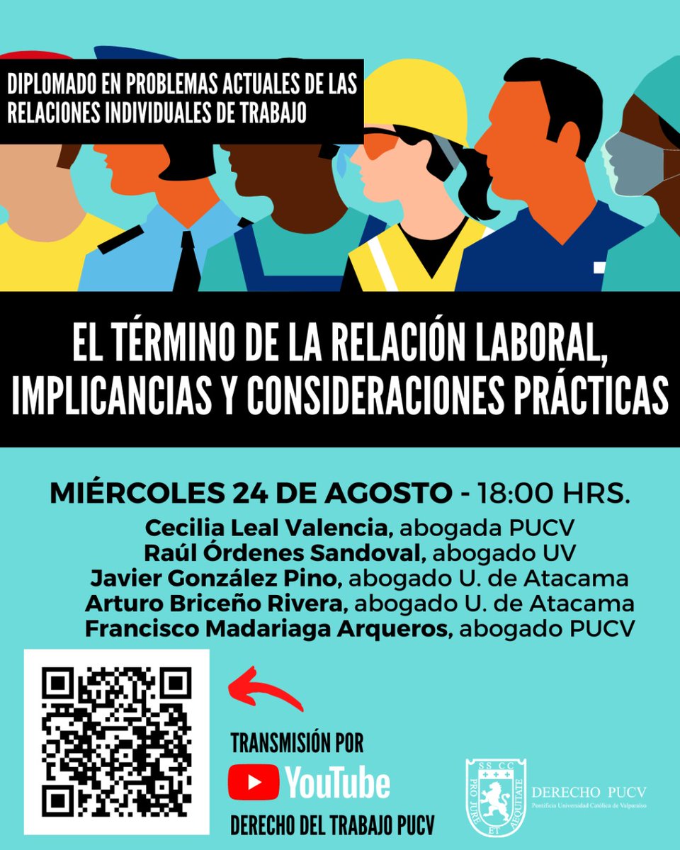 Hoy por la tarde, en el marco del diplomado "Problemas Actuales de las Relaciones Individuales de Trabajo" de la PUCV,  los esperamos para debatir junto a nuestros/as estudiantes con un tema muy relevante y práctico.
A partir de las 18:00 hrs. a través de nuestro canal de YouTube