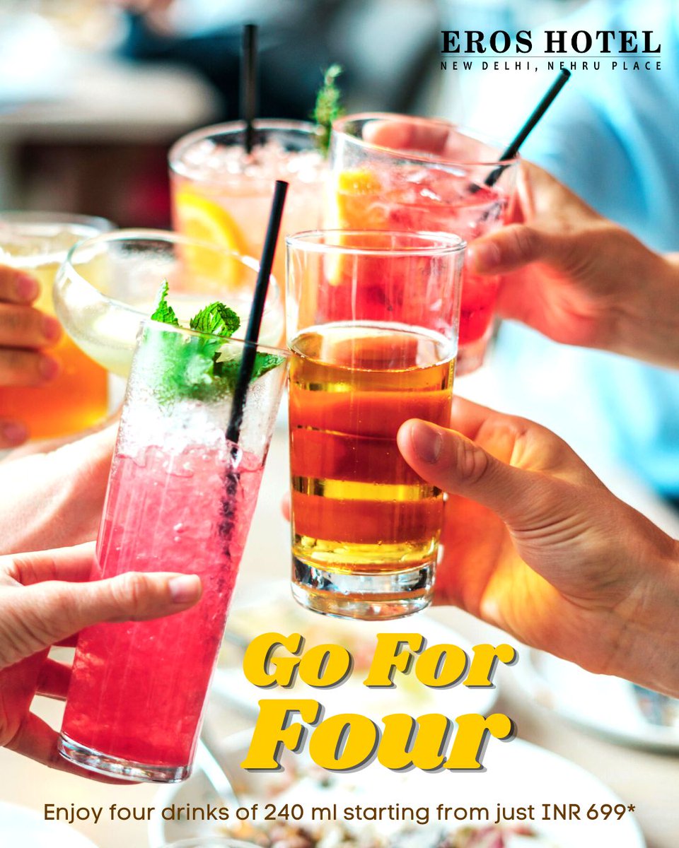 eroshotelnd's tweet photo. Momentous evenings at Lounge AND Bar. Now enjoy four drinks of 240ml starting from just INR 699*.
Time: 1600 hrs - 0054 hrs
For booking and enquiries, call us at 011 41331652
*Terms and Conditions Apply
#ErosHotelNow #LoungeAndBar #GoForFour #DrinksOffer #Deals #Offer https://t.co/p4IjF6GETf