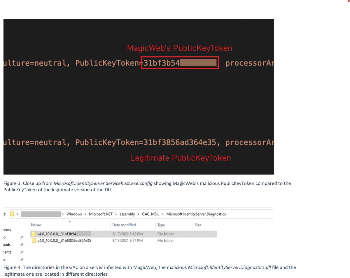 MalwareRE's tweet photo. After gaining administrative access to an AD FS server, NOBELIUM edited Microsoft.IdentityServer.Servicehost.exe.config file to specify a different public token for Microsoft.IdentityServer.Diagnostics.dll, which led to loading of the backdoored version of the DLL (#MagicWeb). https://t.co/7qUsDhL1pS