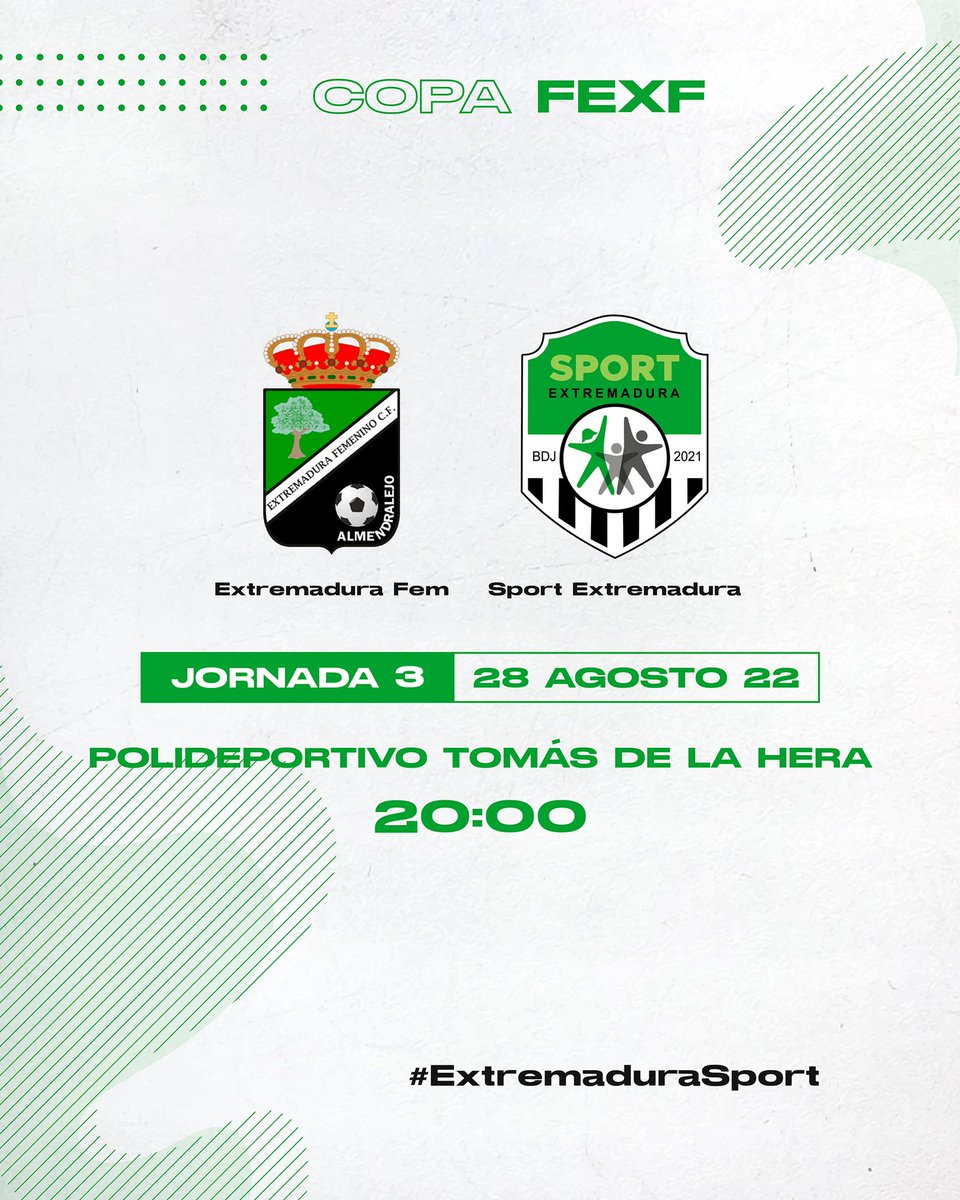 SportExCD's tweet photo. ⚔️ PARTIDO | COPA FEFX
🆚 @extremadurafem
📅 Domingo, 28 de agosto
🕒 20:00 horas
🏟 Polideportivo Tomás de la Hera
#ExtremaduraSport #CopaFEFX https://t.co/1MLx0B0y9Y