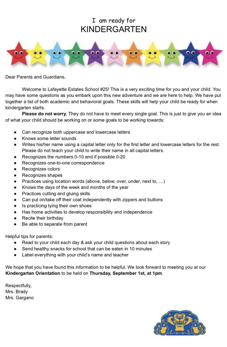 Kindergarten orientation will be held on Thursday September 1, 2022 at 1pm! Here is a note from our amazing Kindergaten teachers ! <a href="/25Lafayette/">Lafayette Estates School #25</a>