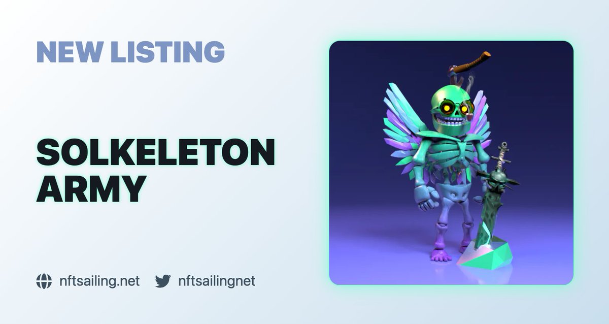nftsailingnet's tweet photo. New listing: Solkeleton Army

➡️ https://t.co/kYdue6pHro

Solkeleton is an army strong of 5000 soldiers NFTs. Cross-chain collection on Solana and Ethereum, powered by @Myria.

Public mint on September 6th.

@SolkeletonArmy #Solana #SolanaNFT #NFT #NFTdrop https://t.co/u5tnCzQZnN