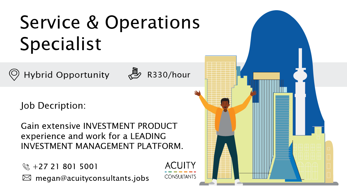 consultacuity's tweet photo. 🎯 New #JOB | Service &amp; Operations Specialist | 📍 Hybrid Opportunity - based in Cape Town OR Johannesburg |  💰 R330/hour

MORE DETAILS HERE: 👉 https://t.co/dwQIPMNdP6 👈

#recruitment #acuityconsultants #jobalert https://t.co/h4BvlxQhVj